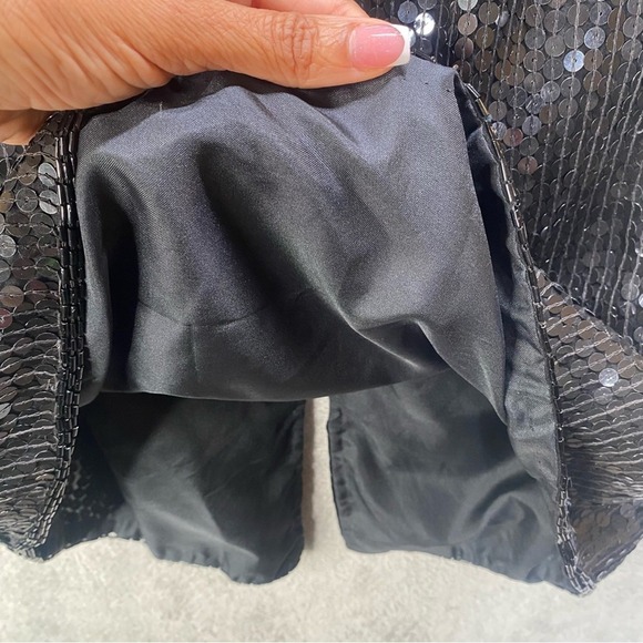 Black Sequin Silk Midi Pencil Skirt Vintage Style Lined Large Glam Cocktail - Picture 6 of 9